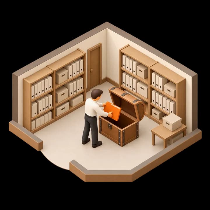 Ein Mensch legt eine Rechnungsmappe in eine Schatzkiste im Archiv